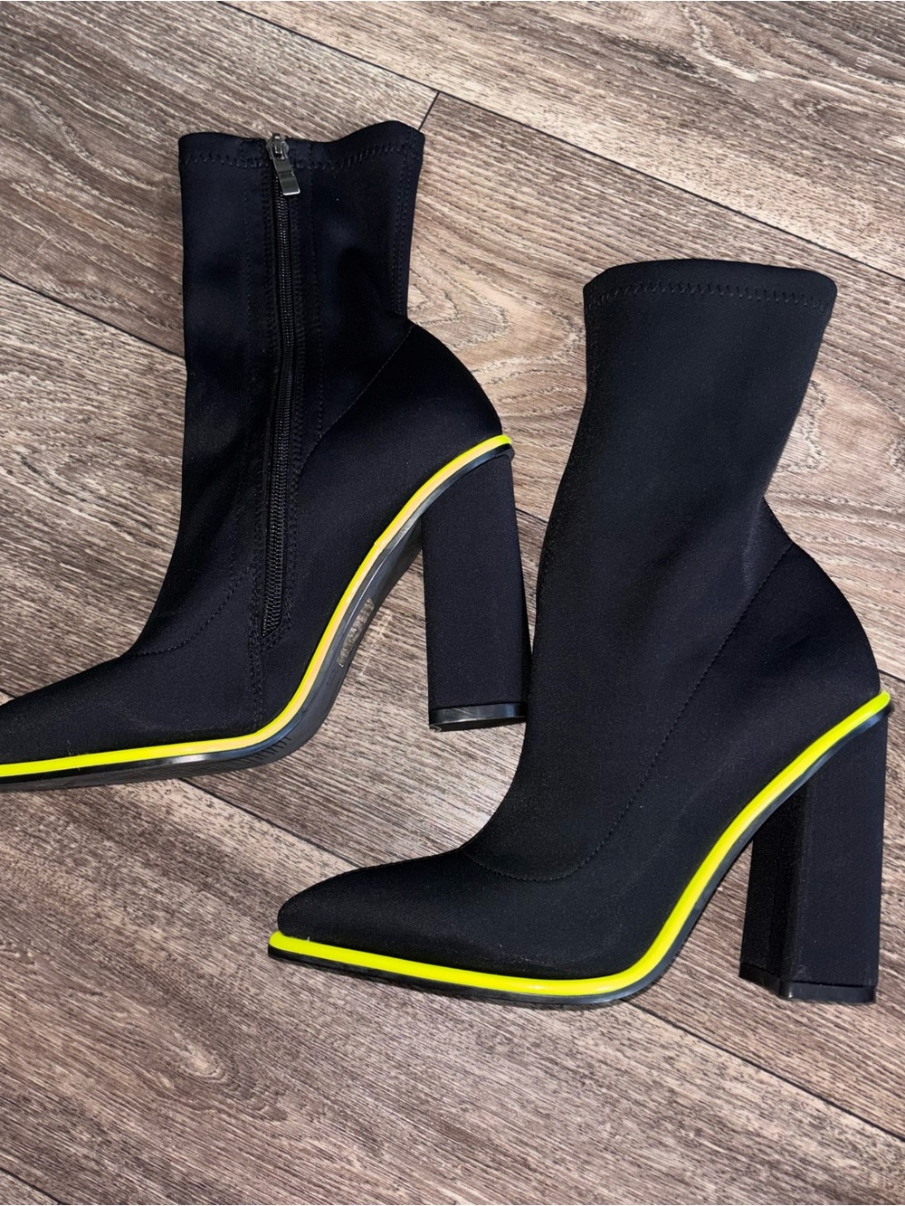 Women's Black Stretch Sock Ankle Boots with Neon Yellow Trim